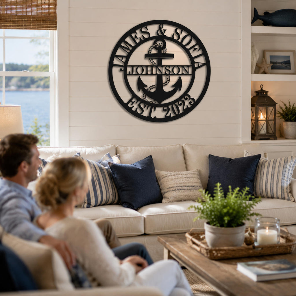 Nautical personalized family name sign displayed in a coastal style living room