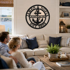 Nautical personalized family name sign displayed in a coastal style living room