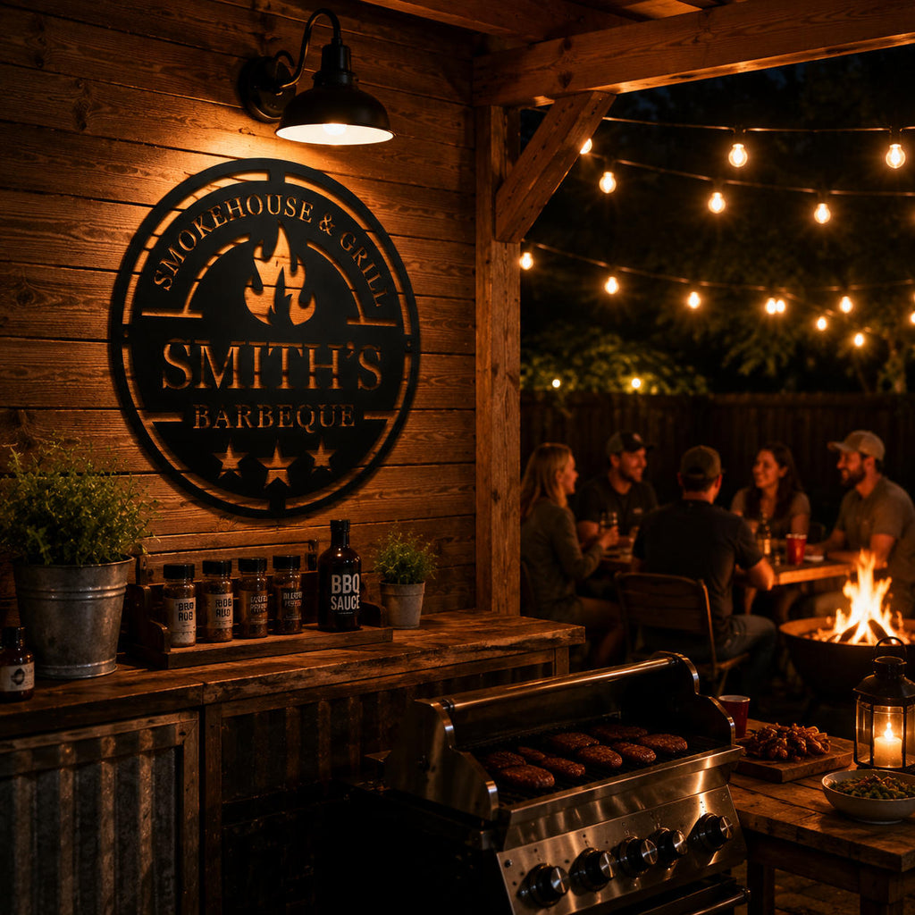 Personalized BBQ metal sign illuminated in a backyard gathering area with warm outdoor lights.