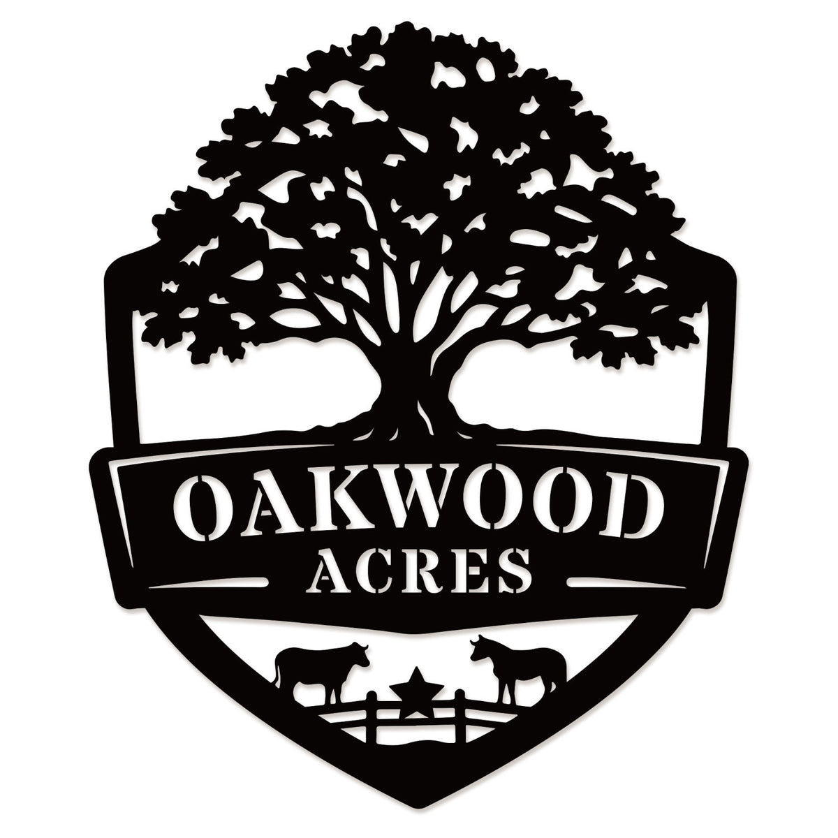 Oak farm sign made of metal featuring oak tree and shield design, personalized farm name, livestock silhouettes, laser cut outdoor farm decor Main image