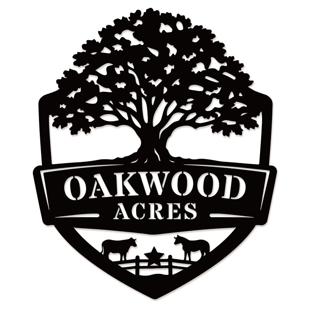 Oak farm sign made of metal featuring oak tree and shield design, personalized farm name, livestock silhouettes, laser cut outdoor farm decor