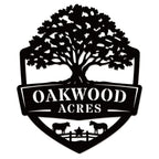 Oak farm sign made of metal featuring oak tree and shield design, personalized farm name, livestock silhouettes, laser cut outdoor farm decor