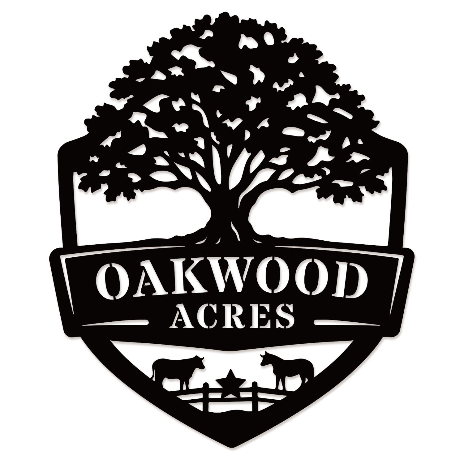 Oak farm sign made of metal featuring oak tree and shield design, personalized farm name, livestock silhouettes, laser cut outdoor farm decor