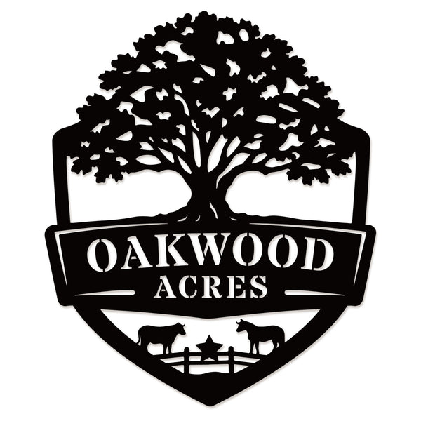 Oak farm sign made of metal featuring oak tree and shield design, personalized farm name, livestock silhouettes, laser cut outdoor farm decor