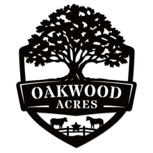 Oak farm sign made of metal featuring oak tree and shield design, personalized farm name, livestock silhouettes, laser cut outdoor farm decor