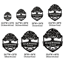 Oak farm sign made of metal featuring oak tree and shield design, personalized farm name, livestock silhouettes, laser cut outdoor farm decor