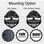 Oak farm sign made of metal featuring oak tree and shield design, personalized farm name, livestock silhouettes, laser cut outdoor farm decor