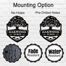 Oak farm sign made of metal featuring oak tree and shield design, personalized farm name, livestock silhouettes, laser cut outdoor farm decor