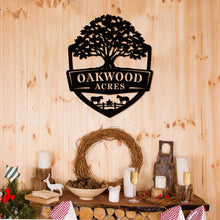 Oak farm sign made of metal featuring oak tree and shield design, personalized farm name, livestock silhouettes, laser cut outdoor farm decor