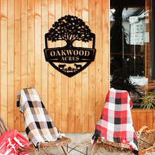 Oak farm sign made of metal featuring oak tree and shield design, personalized farm name, livestock silhouettes, laser cut outdoor farm decor