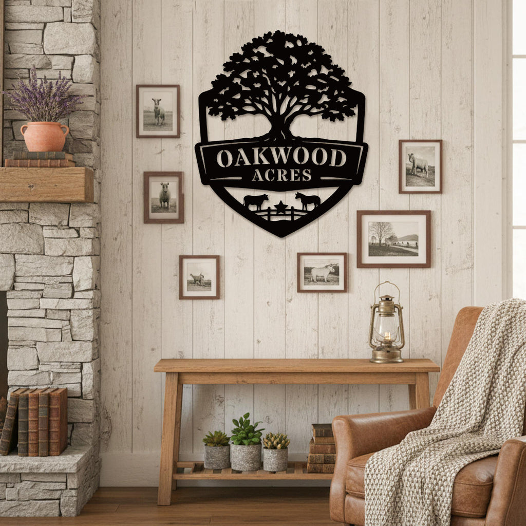 Oak farm sign made of metal featuring oak tree and shield design, personalized farm name, livestock silhouettes, laser cut outdoor farm decor