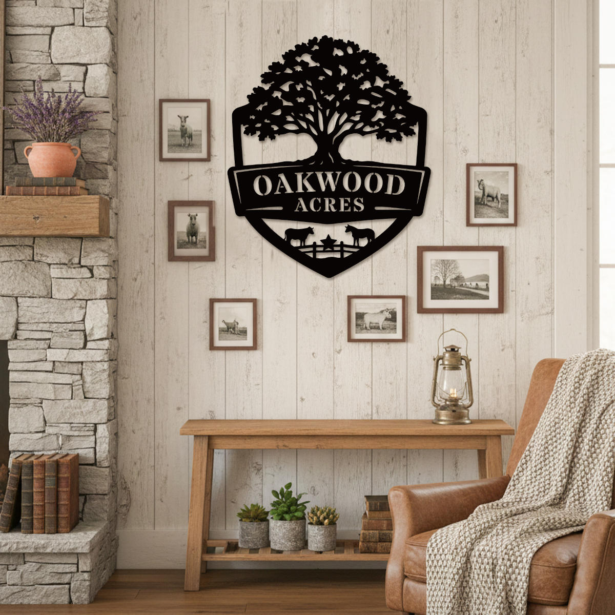 Oak farm sign made of metal featuring oak tree and shield design, personalized farm name, livestock silhouettes, laser cut outdoor farm decor