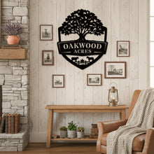 Oak farm sign made of metal featuring oak tree and shield design, personalized farm name, livestock silhouettes, laser cut outdoor farm decor