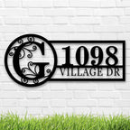 Custom metal address sign with large monogram letter, house number, and street name – laser-cut from premium steel with powder-coated finish, ideal for wall mounting
