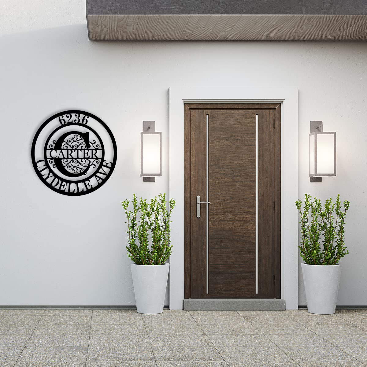 Custom round metal address sign with name and address laser-cut into black powder-coated steel
