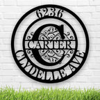 Custom round metal address sign with name and address laser-cut into black powder-coated steel