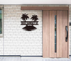 Custom Palm Tree Metal Sign featuring tropical island and palm silhouettes, personalized address design, laser-cut steel with powder coating for beach or coastal home décor.