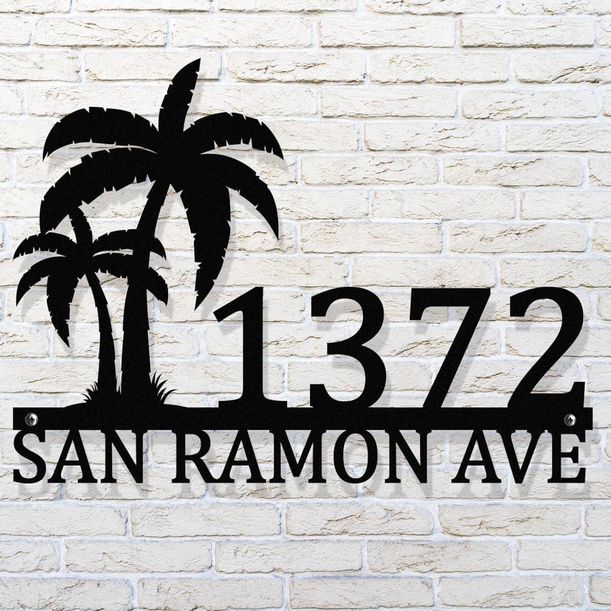 Custom metal palm tree address sign with house number and street name in black powder-coated steel, wall-mounted design Main image