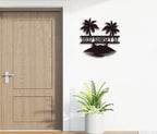 Custom Palm Tree Metal Sign featuring tropical island and palm silhouettes, personalized address design, laser-cut steel with powder coating for beach or coastal home décor.