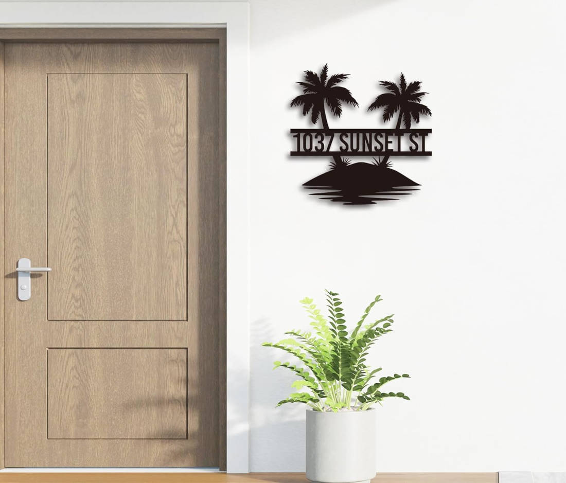 Custom Palm Tree Metal Sign featuring tropical island and palm silhouettes, personalized address design, laser-cut steel with powder coating for beach or coastal home décor.