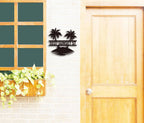 Custom Palm Tree Metal Sign featuring tropical island and palm silhouettes, personalized address design, laser-cut steel with powder coating for beach or coastal home décor.