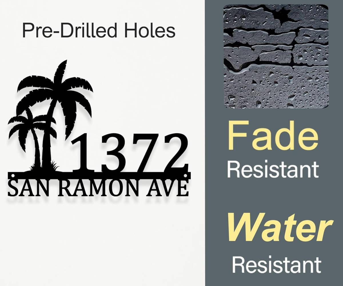 Custom metal palm tree address sign with house number and street name in black powder-coated steel, wall-mounted design
