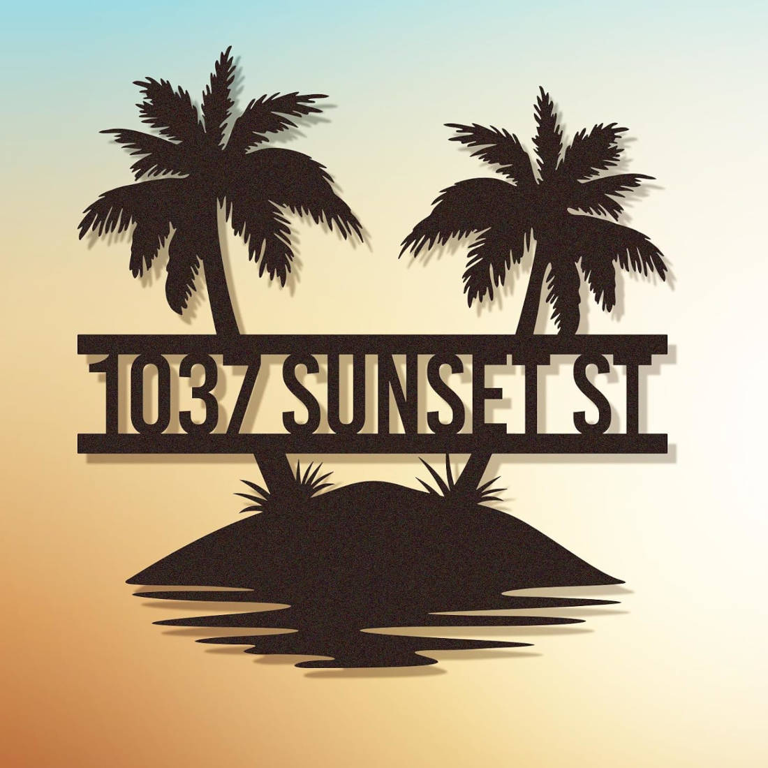 Custom Palm Tree Metal Sign featuring tropical island and palm silhouettes, personalized address design, laser-cut steel with powder coating for beach or coastal home décor. Main image