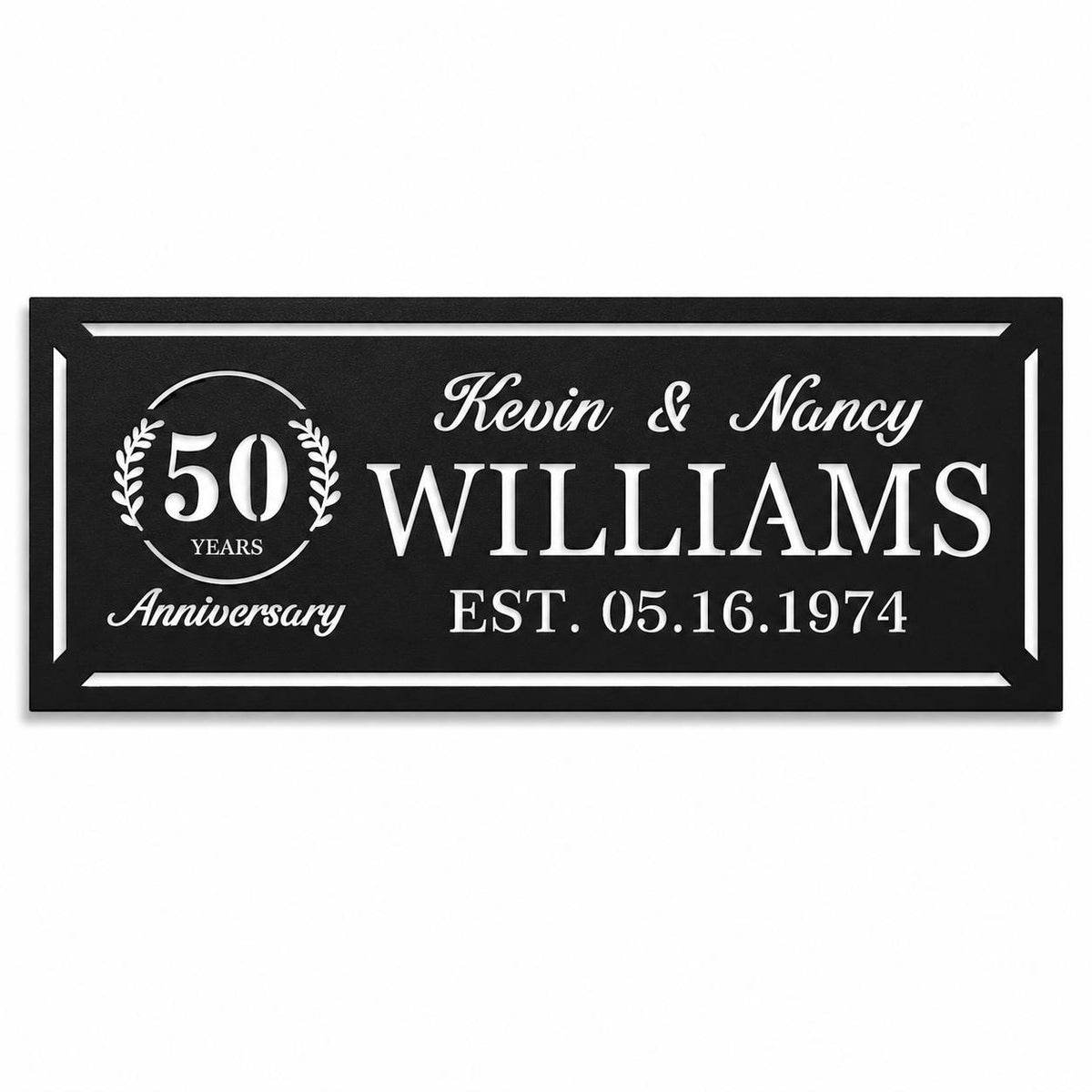 Personalized 50th anniversary metal sign with custom couple names, family name and established date on a white background. Main image