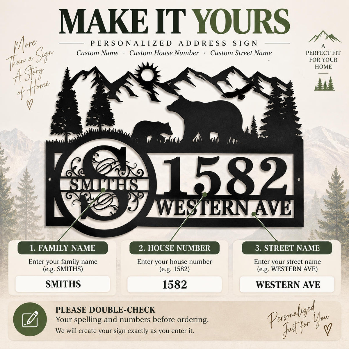 Customization guide for adding a family name, house number and street name to a personalized metal address sign.