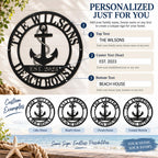 Customization guide for a personalized anchor metal sign with top text, established year, and bottom text options.