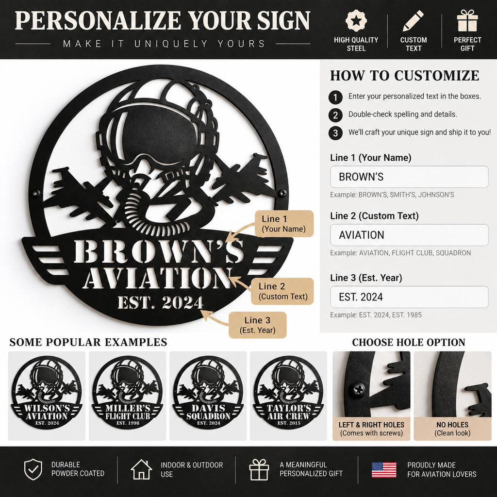 Customization guide showing how to personalize the aviation metal sign with a name, custom text, and established year.