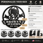 Customization guide showing how to personalize the aviation metal sign with a name, custom text, and established year.