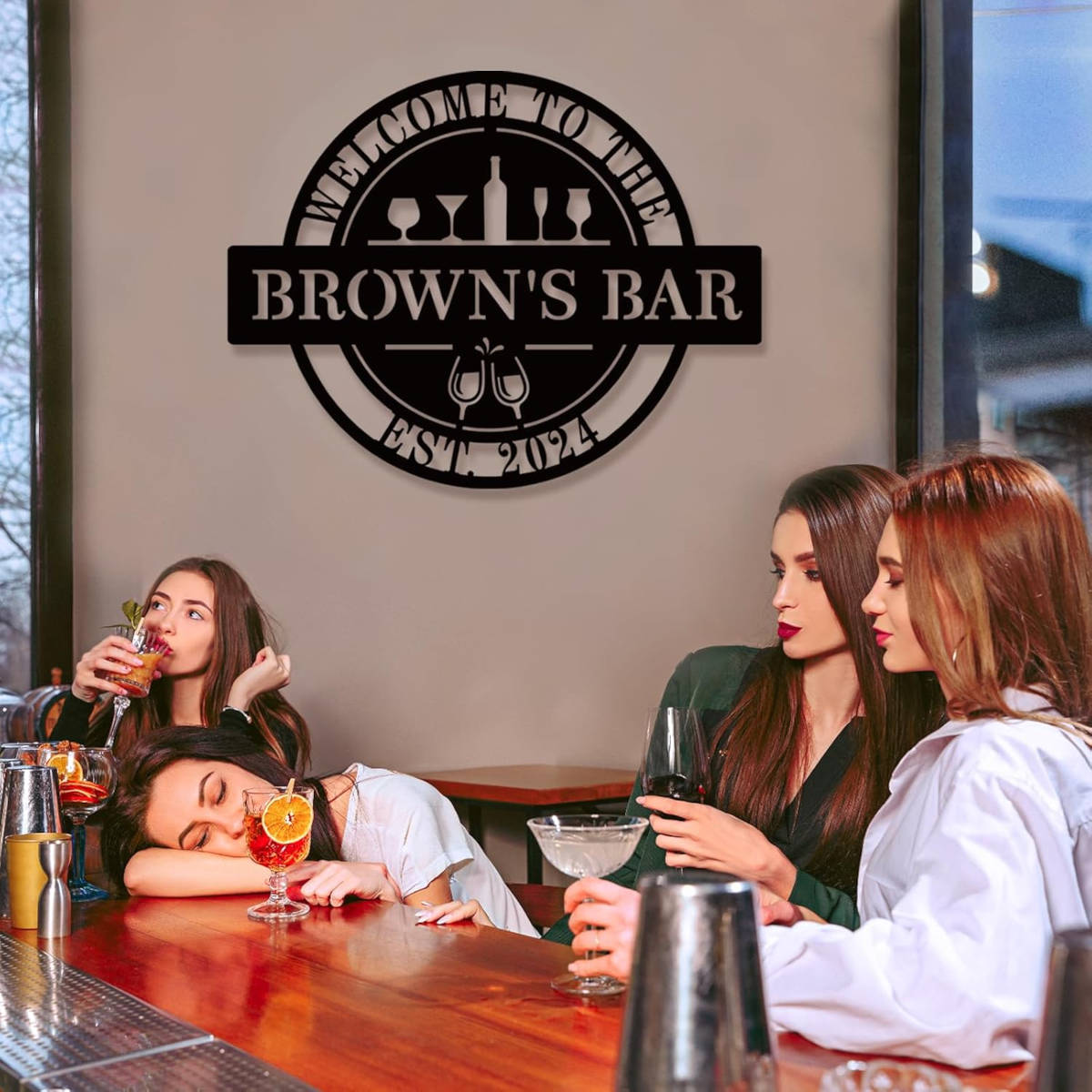 Custom metal bar sign with personalized text, laser-cut steel, powder coated finish, and pre-drilled holes for home pub or man cave wall décor