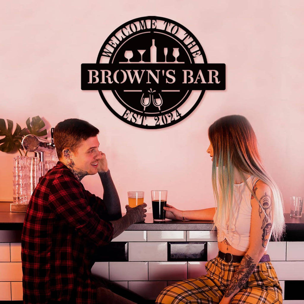 Custom metal bar sign with personalized text, laser-cut steel, powder coated finish, and pre-drilled holes for home pub or man cave wall décor