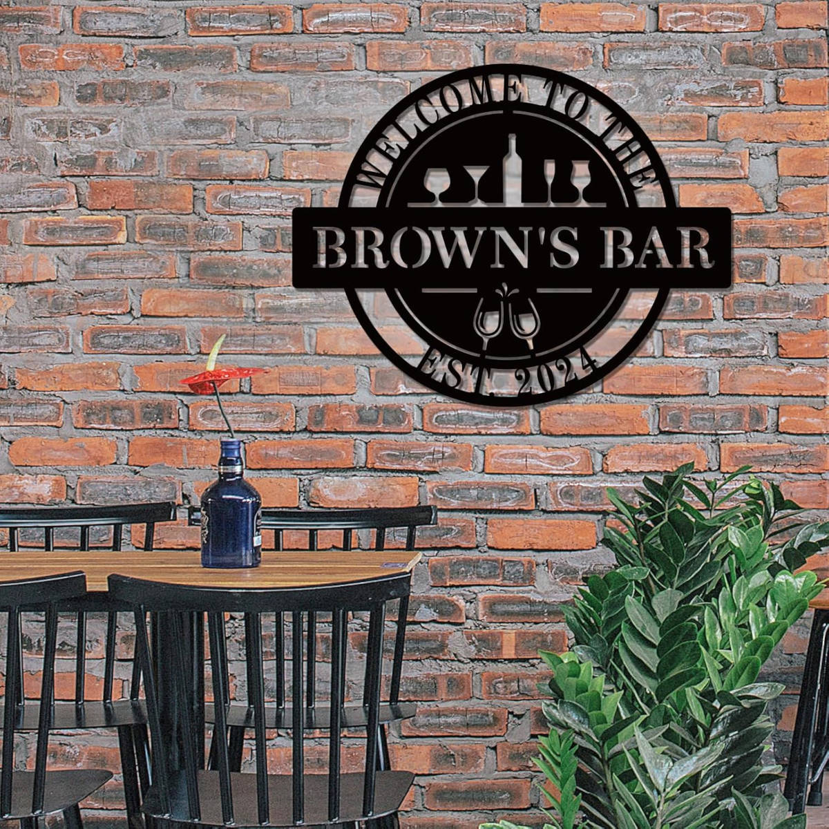 Custom metal bar sign with personalized text, laser-cut steel, powder coated finish, and pre-drilled holes for home pub or man cave wall décor