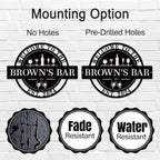 Custom metal bar sign with personalized text, laser-cut steel, powder coated finish, and pre-drilled holes for home pub or man cave wall décor
