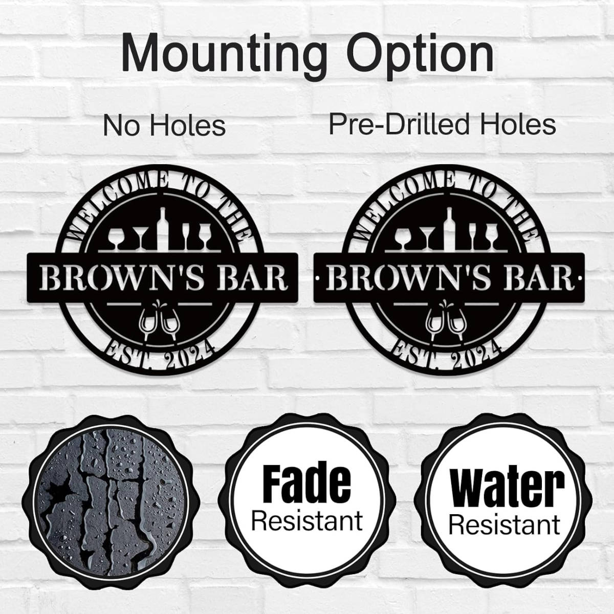 Custom metal bar sign with personalized text, laser-cut steel, powder coated finish, and pre-drilled holes for home pub or man cave wall décor