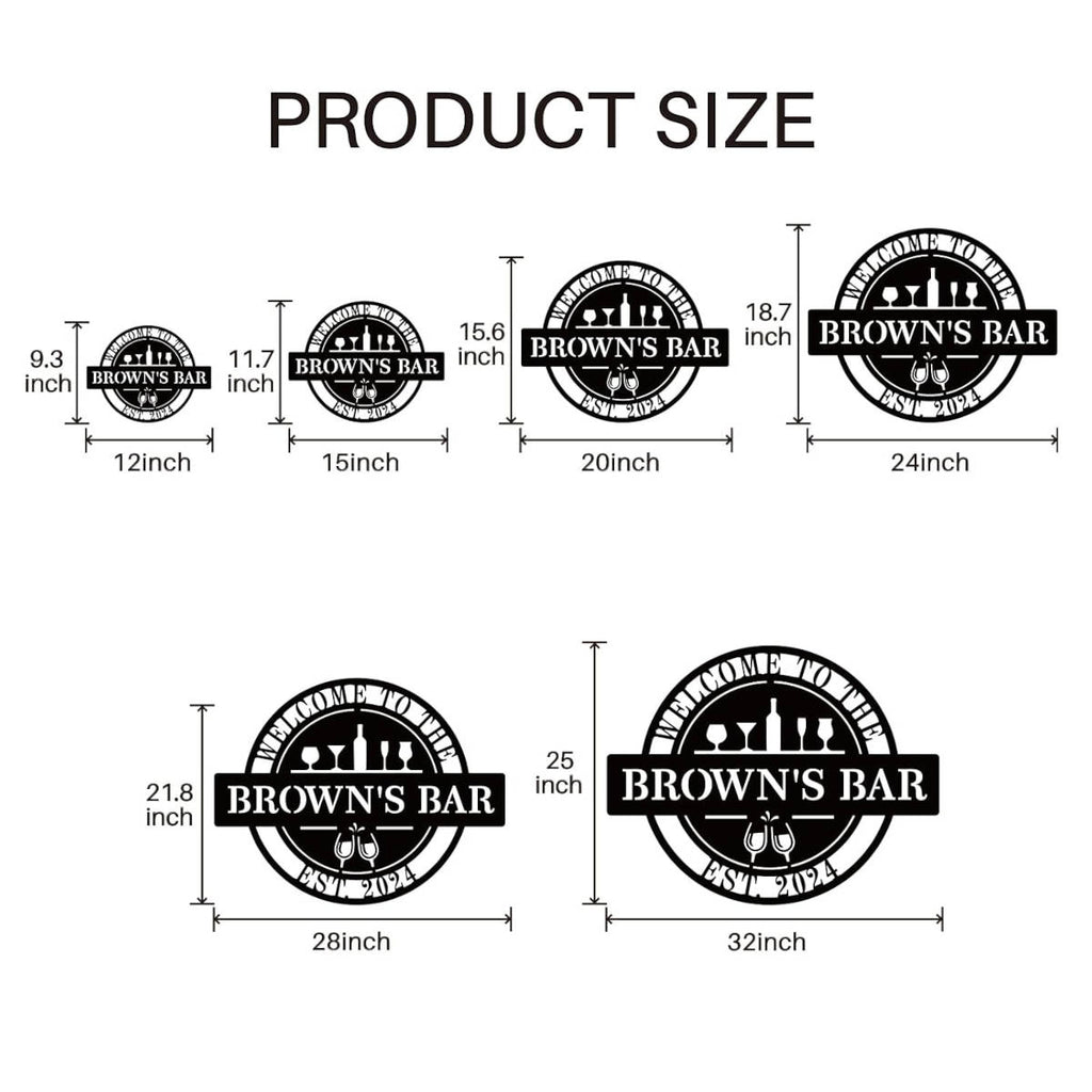 Custom metal bar sign with personalized text, laser-cut steel, powder coated finish, and pre-drilled holes for home pub or man cave wall décor