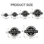 Custom metal bar sign with personalized text, laser-cut steel, powder coated finish, and pre-drilled holes for home pub or man cave wall décor
