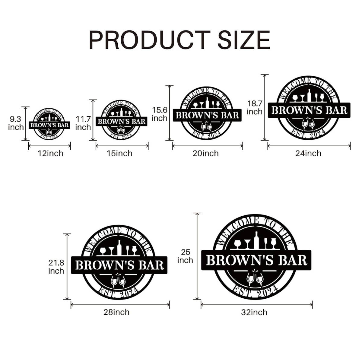 Custom metal bar sign with personalized text, laser-cut steel, powder coated finish, and pre-drilled holes for home pub or man cave wall décor