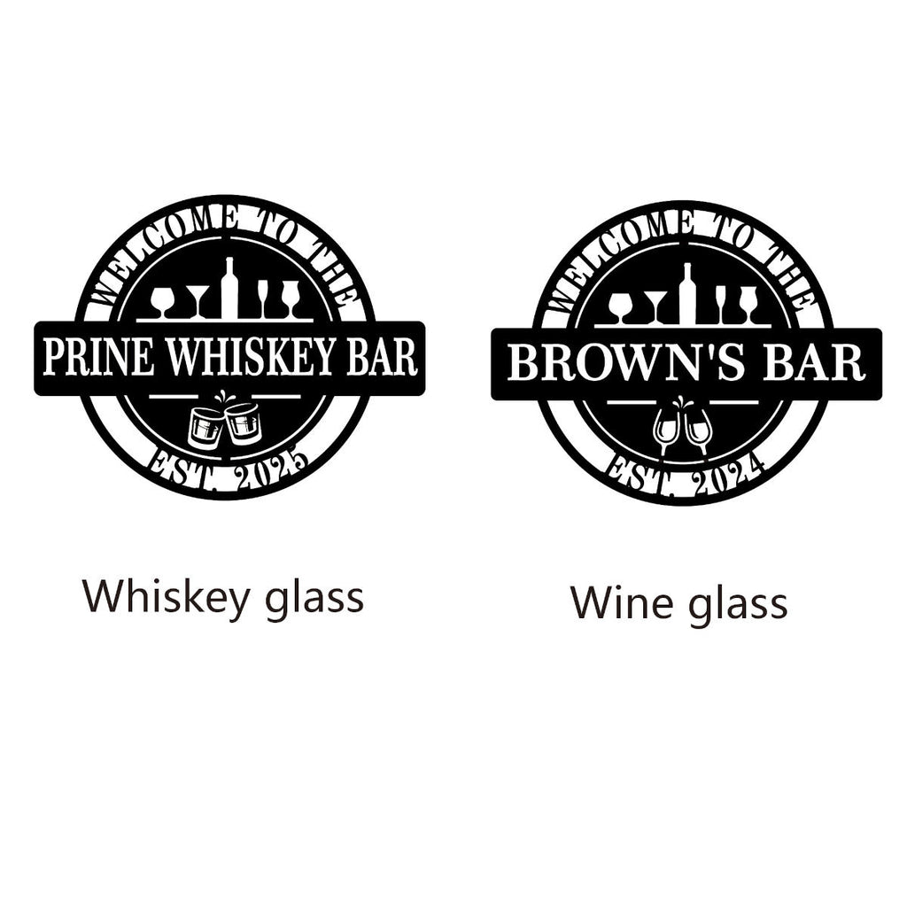 Custom metal bar sign with personalized text, laser-cut steel, powder coated finish, and pre-drilled holes for home pub or man cave wall décor