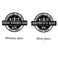 Custom metal bar sign with personalized text, laser-cut steel, powder coated finish, and pre-drilled holes for home pub or man cave wall décor