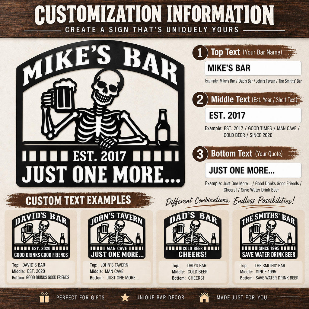 Customization guide for a personalized skeleton bar sign showing custom bar name, established year, and bottom text fields.