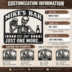Customization guide for a personalized skeleton bar sign showing custom bar name, established year, and bottom text fields.