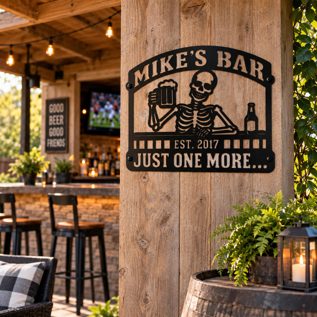 Personalized skeleton beer metal sign mounted on a rustic wood wall in an outdoor backyard bar and patio.