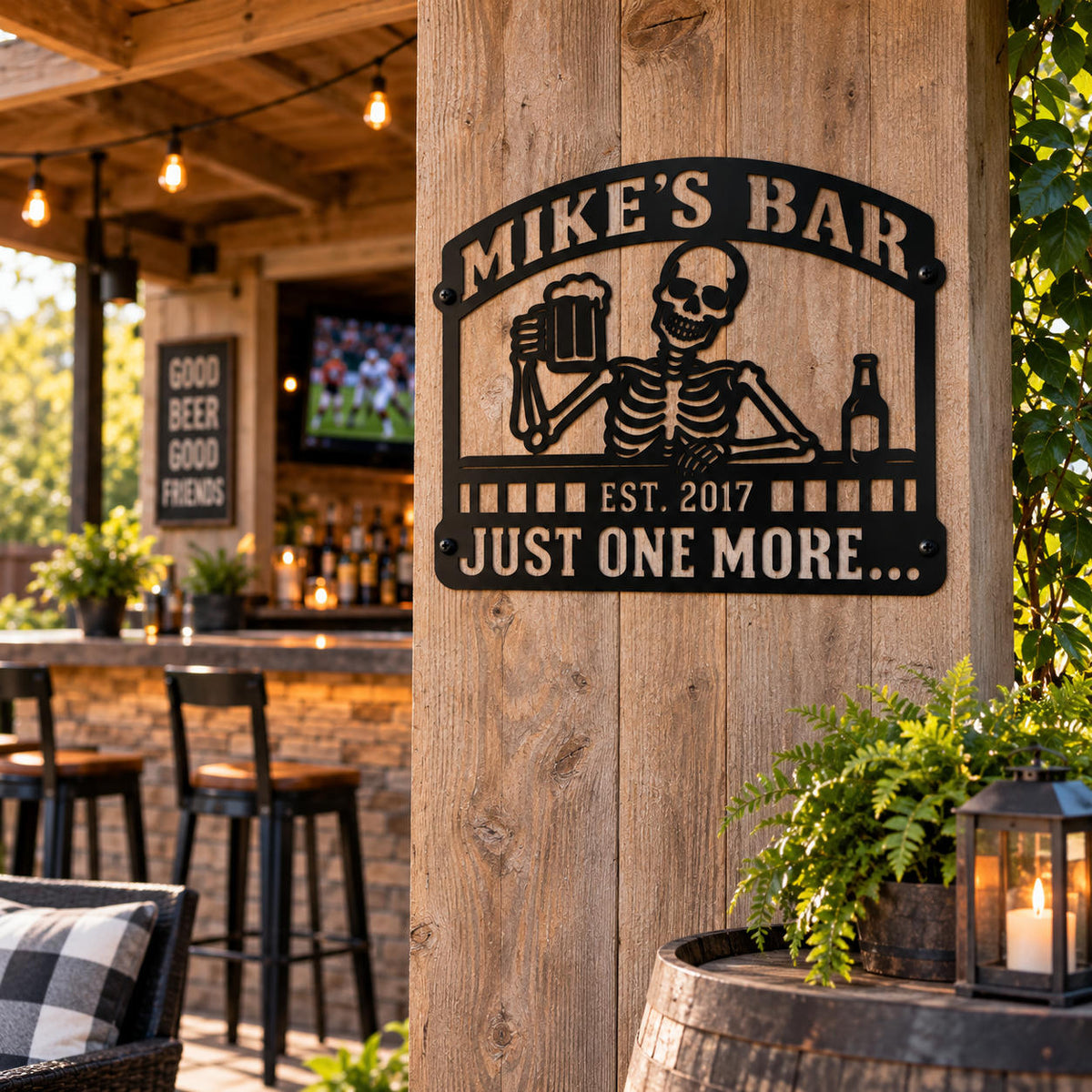 Personalized skeleton beer metal sign mounted on a rustic wood wall in an outdoor backyard bar and patio.