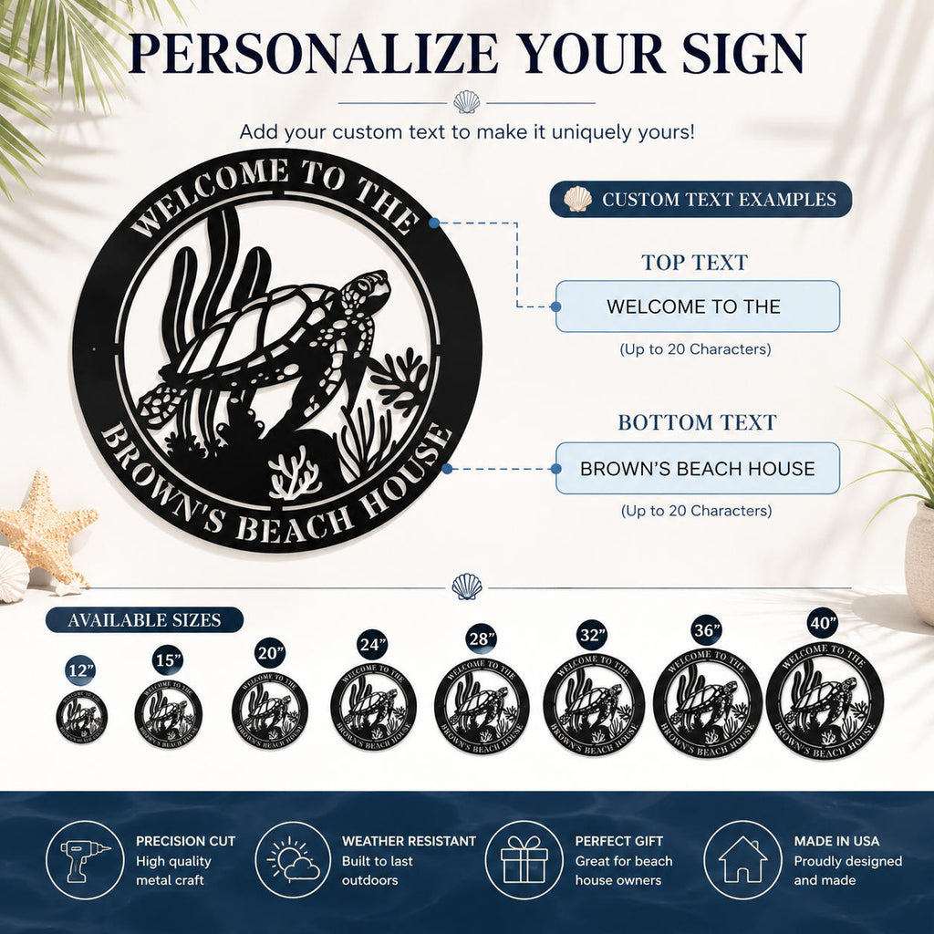 Custom text guide showing personalized top and bottom lettering options for a sea turtle beach house metal sign.
