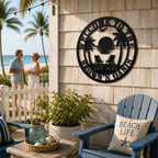 Personalized tropical metal wall sign displayed on a beach house patio with ocean view, coastal decor and palm trees.