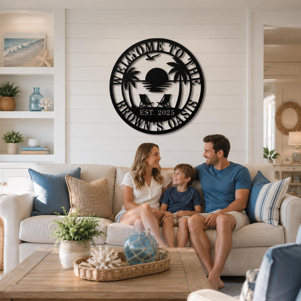 Personalized beach-themed metal wall sign displayed in a coastal style living room above the sofa as custom home decor.