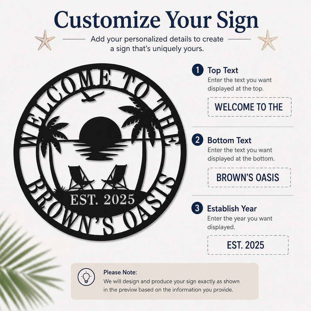 Customization guide for a personalized beach metal sign showing Top Text, Bottom Text and Establish Year personalization options.